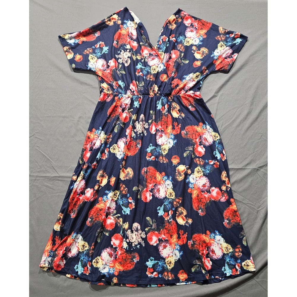 Coolmee Floral Wrap Dress Womens Large Navy Blue NWT Short Sleeve V-Neck A-Line